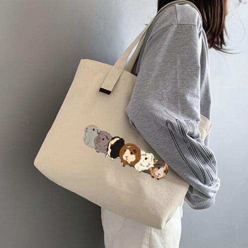 Ladies Handbags Cloth Black Canvas Tote Bag Guinea Pig Pattern Shopping Travel Women Eco Reusable Shoulder Shopper Bags