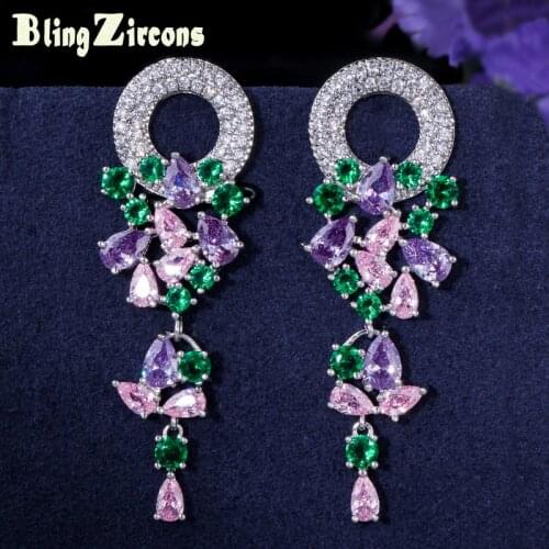 BeaQueen Artistic Cubic Zircon Colorful Bohemian Jewelry Micro Paved CZ Crystal Long Hanging Drop Earrings for Women E145