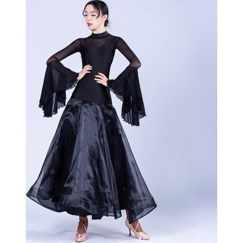 Latin Dance Clothes Women Black Mesh Long Sleeve Big Cuff Backless Clothes Ballroom Dance Competition Performance Costumes VO673