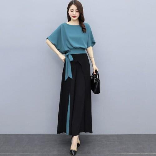Women Casual Half Sleeves O-Neck Ribbon Top & Wide Leg Pants Patchwork Two Pieces Set Summer Loose Elegant Ladies M-3XL