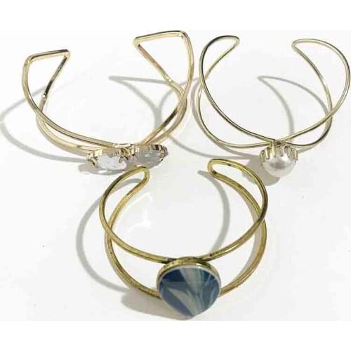 Gothletic Gold Color Gem/Pearl Charm Cuff Simple Hollow Out Wide Metal Bracelets & Bangles for Women Fashion Jewelry