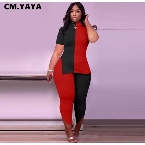 CM.YAYA Women Plus Size Tracksuit Patchwork Short Sleeve O-neck Splited Tops Stretchy Pencil Pants Two 2 Piece Set Outfit Summer