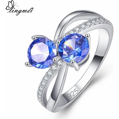 Lingmei New Fashion Popular Round Multi & Blue White CZ Silver ColorRing Size 6-9 Anniversary Women Party Jewelry