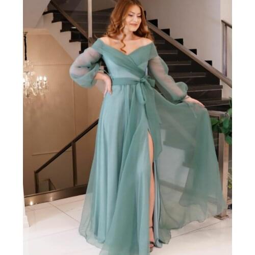 Elegant Long V-Neck Red Evening Dresses with Slit A-Line Tulle Floor Length Zipper Back Formal Party Dress for Women