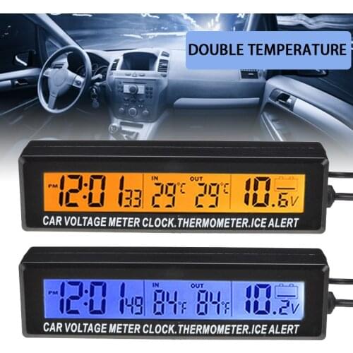 1Pc 3 in1 Car Digital LCD Clock & Indoor and Outdoor Temperature Display & Voltage Monitor Portable Car Blue Orange Backlight