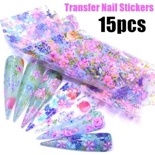 15Pcs/Set Colorful Flowers Stickers On Nails Foil Transfer Starry Sky Summer Sliders For Manicure Nail Art Decals Decorations
