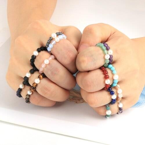 16 Style Multi Color Natural Stone Pearl Beaded Adjustable Charm Rings For Women Girls 2020 Fashion Bohemia Jewelry