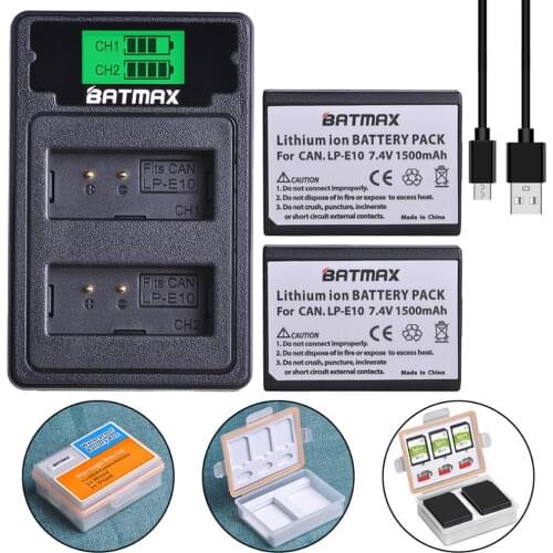 Batmax 2pcs LP-E10 LP E10 LPE10 Battery akku with box+LCD USB Dual Charger for Canon EOS 1100D 1200D 1300D 2000D Rebel T3 T5 T6