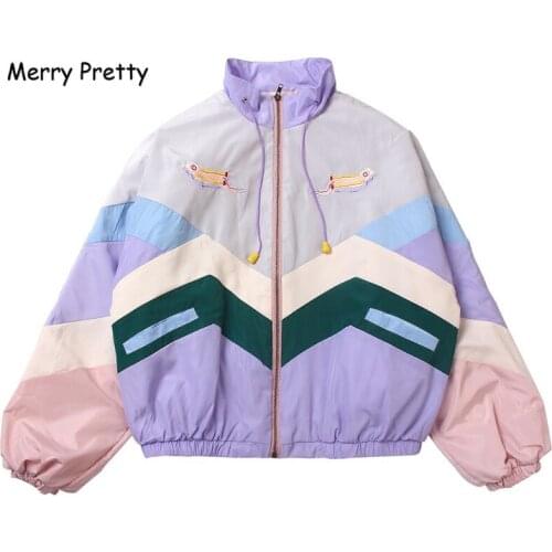 Merry Pretty Makaron Color Women Coats Patchwork Cartoon Embroidery Thicken Warm Winter Jacket Preppy Style Loose Ladies' Coat