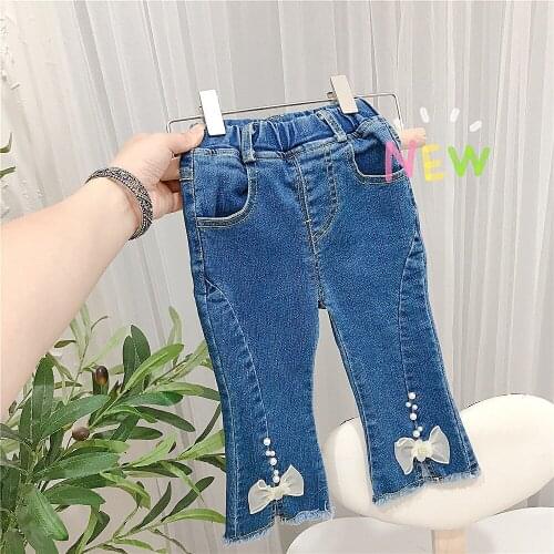 Bow Decoration Flare Pants for Kids 2021 Elastic Waist Long Trousers Spring Autumn Bottom Denim Pants Boot Cut Girls Jeans