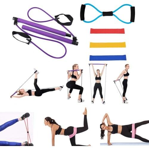 Pilates Bar with Exercise Resistance Band for Home Gym Total Body Workout Yoga Fitness Stretch 8 Word Chest Developer Pull Rope