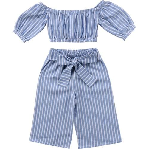 Citgeett Baby Kid Girl Off shoulder Tops Striped Blue T-shirt Casual Stripe Bowknot Pants Outfits Cute Sets