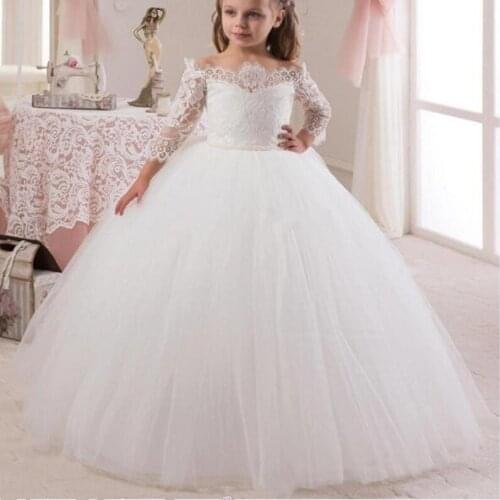 2019 White Ivory Off Shoulder Flower Girl Dresses Lace Long Sleeves Girls Birthday Princess Gown First Communion Dress
