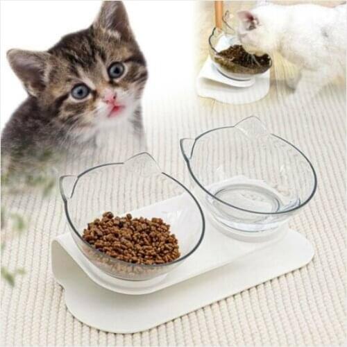 Cat Ears Shaped Dog Cat Feed Bowls 15° Tilt Design Anti-slip Double Bowls Raised Stand Food Water Bowl Dog Feeder Pets Supplies