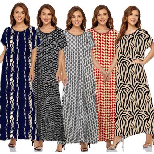 Muslims Women Dress Short Sleeve Print Big Swing Arab Dubai Robe Oversized Vestido Kuftan Turkey Hijab Abayas Islamic Clothing