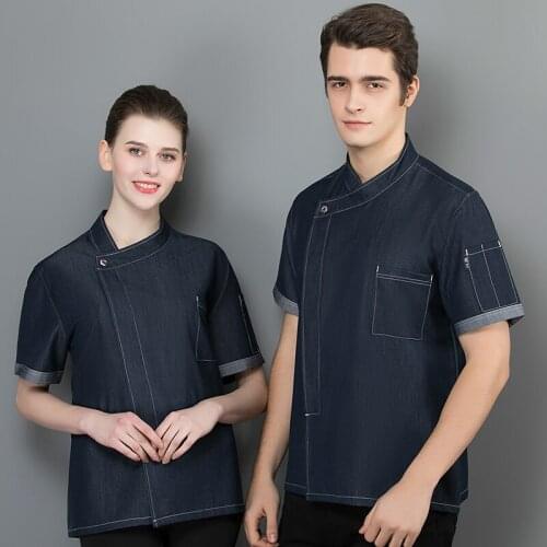 Men and Women Master Chef Uniform Denim Fabric Short Sleeve Kitchen Jacket Workwear Catering Restaurant Hotel Bakery Cook Coat