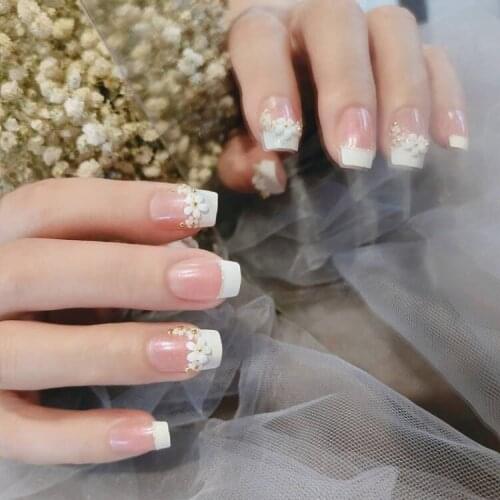 24pcs Flower Printed Fake Nails Square Head Glue Type Removable Mid Length Paragraph Fashion Manicure Fully Covered Nail Decor