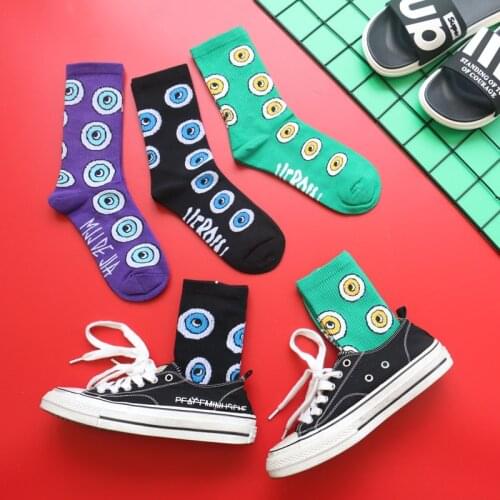 Purple Green Violet Contrast Color Crew Street Fashion Cotton Socks Eye Ball Streetwear Big Circle Small Round Many Eyeballs Sox