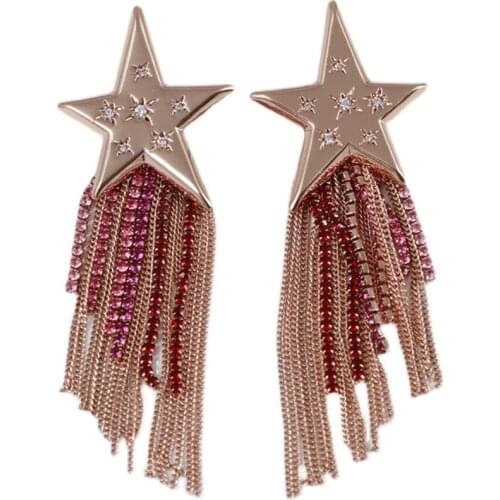 Personality sweet temperament girl heart five-pointed star modeling set small diamond chain tassel long earring earrings