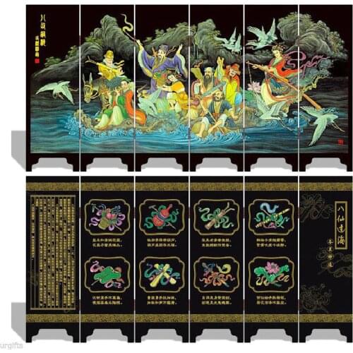 Folding Screen 6 Panel Double Side Souvenir Eight Fairies Immortals Crossing Sea