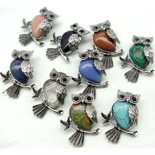 Natural stone mix tiger eye lapis lazuli Turquoises animal Owl Archaize silver brooch Pendant for diy Jewelry making 1pcs A21