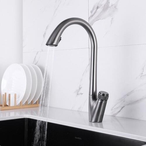 Pull Out Kitchen Faucet Gun Gray Brass Kitchen Mixer Tap Single Hole Handle Swivel 360 Degree Sink Faucet Hot and Cold Mixer Tap