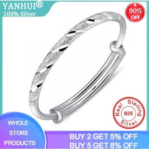 YANHUI New Fashion Real 925 Sterling Silver Party Cuff Bracelet for Women Couples Creative Simple Handmade Jewelry Adjustable