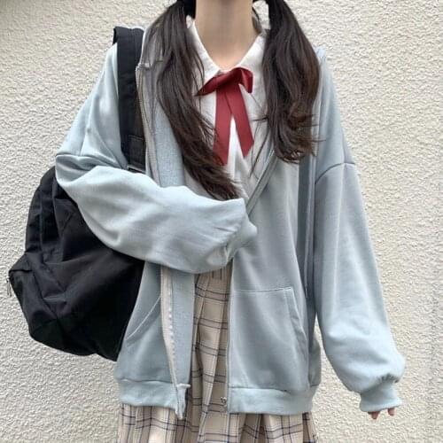 Zip Up Women Korean Style Hoodies Vintage Solid Long Sleeve Oversized Hooded Sweatshirt Jacket Casual College style Large Coats