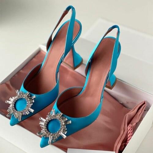 Summer New 2021 Luxury Diamond Buckle Women Sandals Runway Pointed Top High Heels Shoes Female Party Dress Pumps Shoes