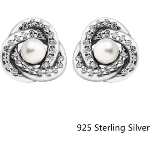 CKK 925 Sterling Silver Luminous Love Knots, White Crystal Pearl Stud Earrings DIY Jewelry Making For Women