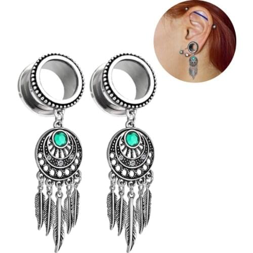 1 Pcs Vintage Stainless Steel Earrings Zircon Tassel Pendant Ear Tunnels Plugs Women Body Jewelry Accessories