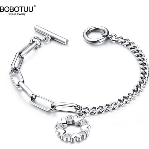 BOBOTUU Stainless Steel Asymmetric Chain Ladies Bracelet Trendy Rose Gold Love Charms Bracelet Jewelry For Women Girls BB17101