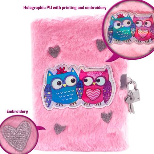 Owl Plush Girls Journal with Lock and Key, A5 8.5x5.5 Inches 160 Lined Pages for Writing, Secret Kids Diary Personalized Notebok
