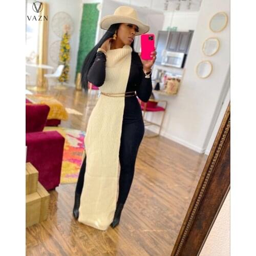 VAZN 2021 Winter Knit Long Dress Joker Spit Hollow Out Sexy Solid High-end Tank Sleeve Maxi Young Vestidos For Female