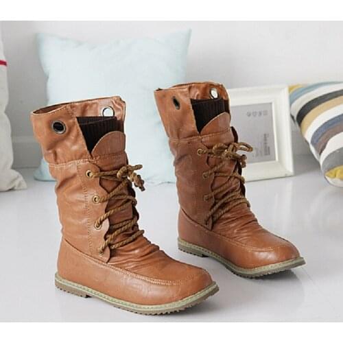 2021 Lace UpRiding Boots Woman Flat Heel Booties Female Motorcycle Boots Winter Women Highs Boots Leather Booty Womens Shoes