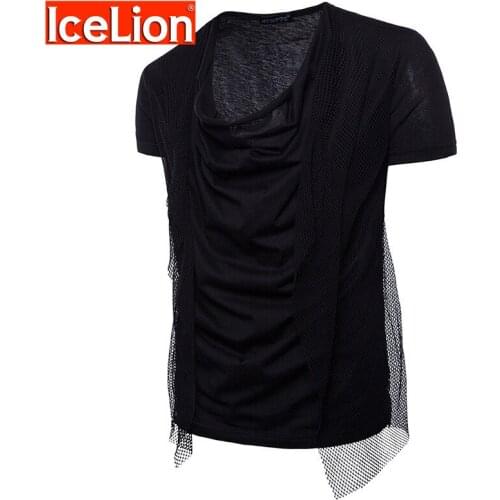 IceLion 2021 Summer New Fashion Short Sleeve T Shirt Men Mesh Patchwork Turtleneck Mens Tshirt Slim Fit Casual Solid T-shirt