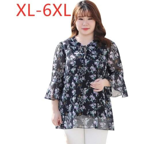 2021 spring summer plus size tops for women blouse large bell sleeve loose casual chiffon floral flower shirt 3XL 4XL 5XL 6XL