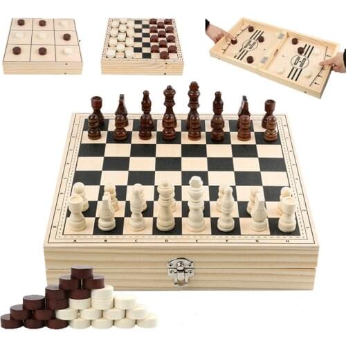 4 In 1 Wooden Chess Set Checkers Tic Tac Toe Sling Puck High Quality Folding Board Game for Children Adult Educational Learning