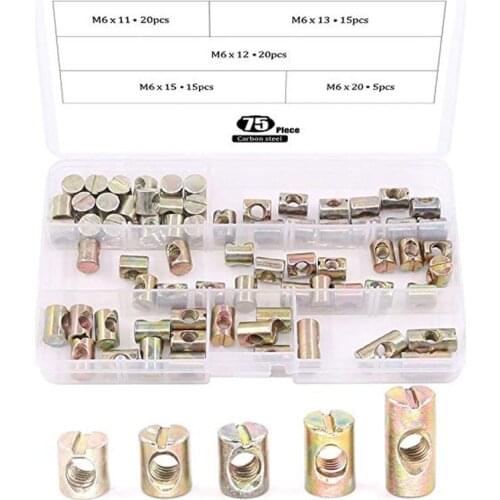 75Pcs Metric M6 Barrel Nuts Cross Dowels Slotted Nuts Furniture Nuts for Beds Crib and Chairs 5 Size of 11mm 12mm 13mm 15 20mm