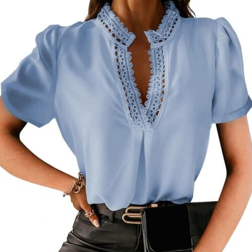 Elegant Office Lady Blouse Fashion Solid Color Lace Patchwork Shirt Short Sleeve Stand Collar Women Blouses Top Summer blusas