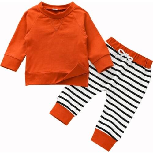 Toddler Baby Girls Long Sleeve O Neck T-shirt Tops + Striped Casual Trousers Kids Clothing Sets Infant Boys 2Pcs Suits