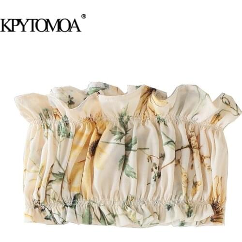 KPYTOMOA Women 2021 Sexy Fashion Floral Print Ruffled Cropped Tank Tops Vintage Backless Elastic Trims Summer Female Camis Mujer