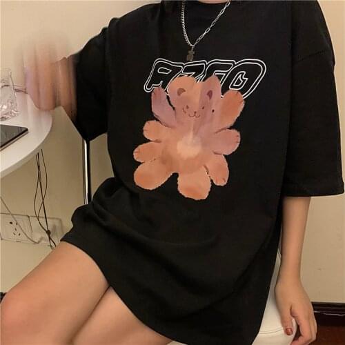 Summer college style bear print half-sleeved mid-length loose cotton T-shirt all-match casual women