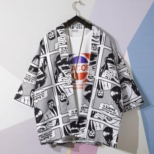 Mens Fashion Printed Shirts Loose Cartoon 3/4 Sleeve Outwear