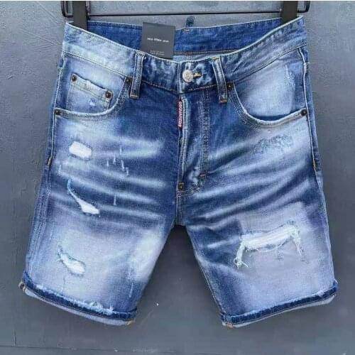 Summer New Dsquared2 Mens Denim Shorts Fashion Wash Hole Patch Stretch Slim Five-Point Pants