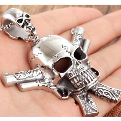 Mens Christmas present Jewelry Stainless Steel Biker Skull Skeleton with Two Gun Necklace Pendant free 4mm 28'' chain