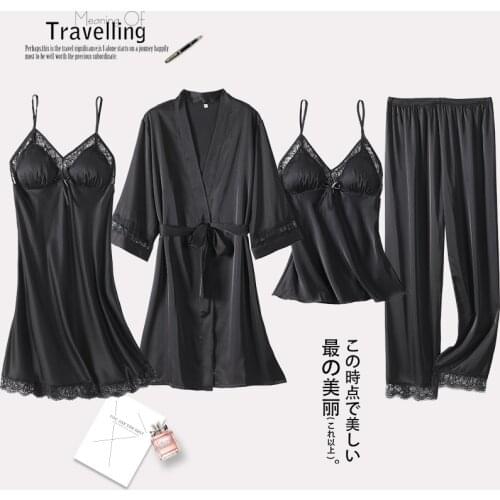 4PCS Pajamas Suit Spring Summer Women Sleepwear Sexy Black Satin Wedding Robe Set Kimono Gown Lace Nightwear Loose Homewear