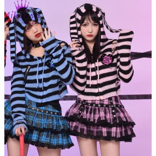 Punk Striped Sweater Gothic Girls Cute Rabbit Ears Hooded Knitted Sweater Cardigan Coats
