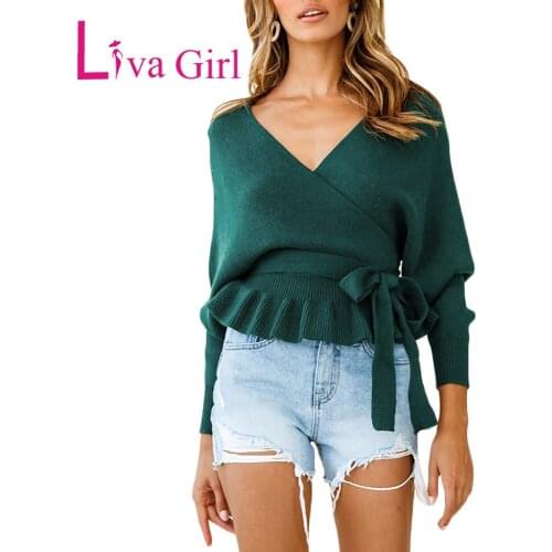LIVA GIRL Yellow/Green Woman Autumn Winter Solid Sexy V-Neck Long Sleeve Knitted Top Female Slim Backless Sweater Pullovers XXL