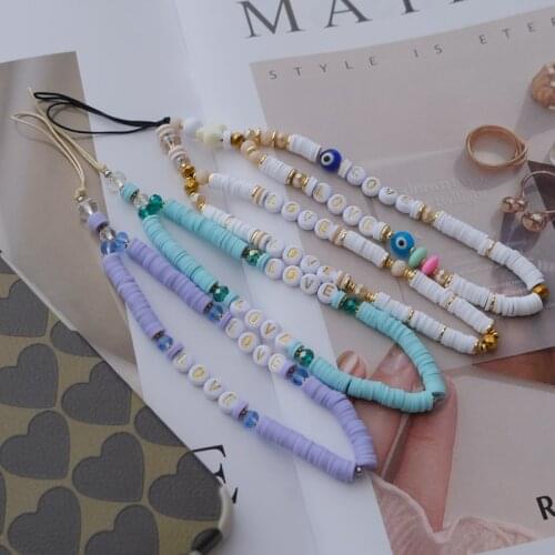 Letters Love Mobile Phone Chains Green Beads Soft Pottery Phone Straps Ins Style Y2k Fashion Boho Design Lanyard Jewelry Girls